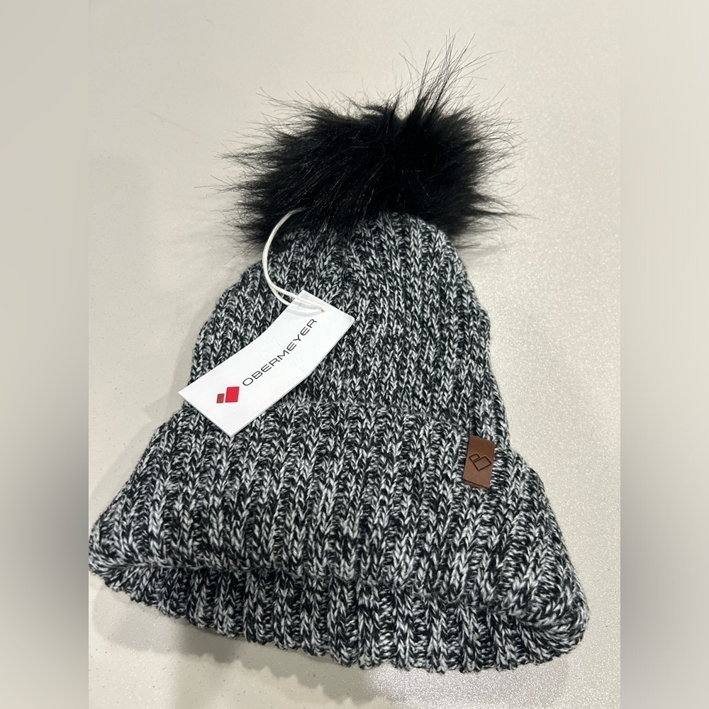 Obermeyer Women's Fir FF Beanie Black White Hat Pom Pom NWT